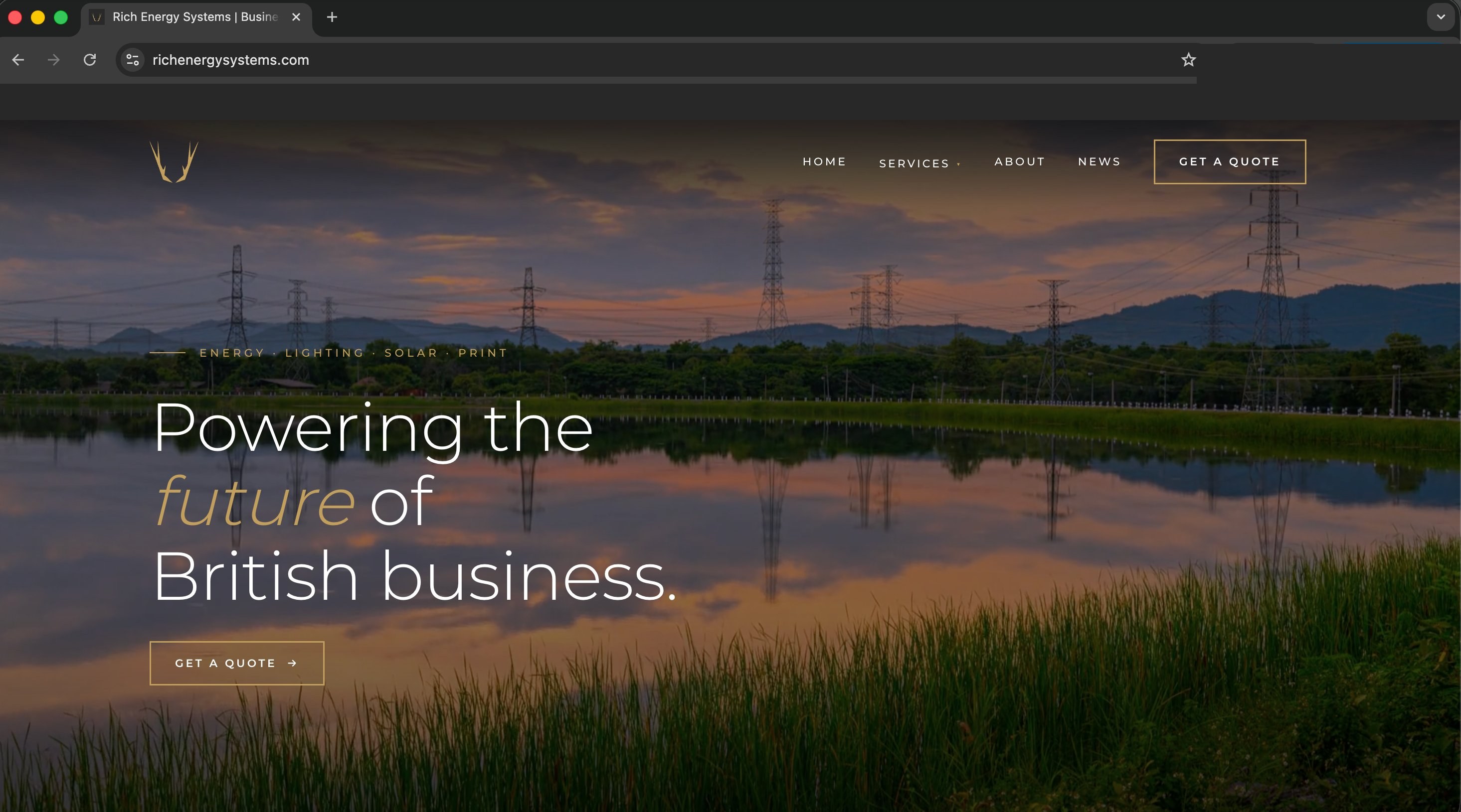 Rich Energy Systems homepage in a Chrome browser — antler logo above a hero image of electricity pylons reflected in a lake at sunset, with the tagline 'Powering the future of British business.'